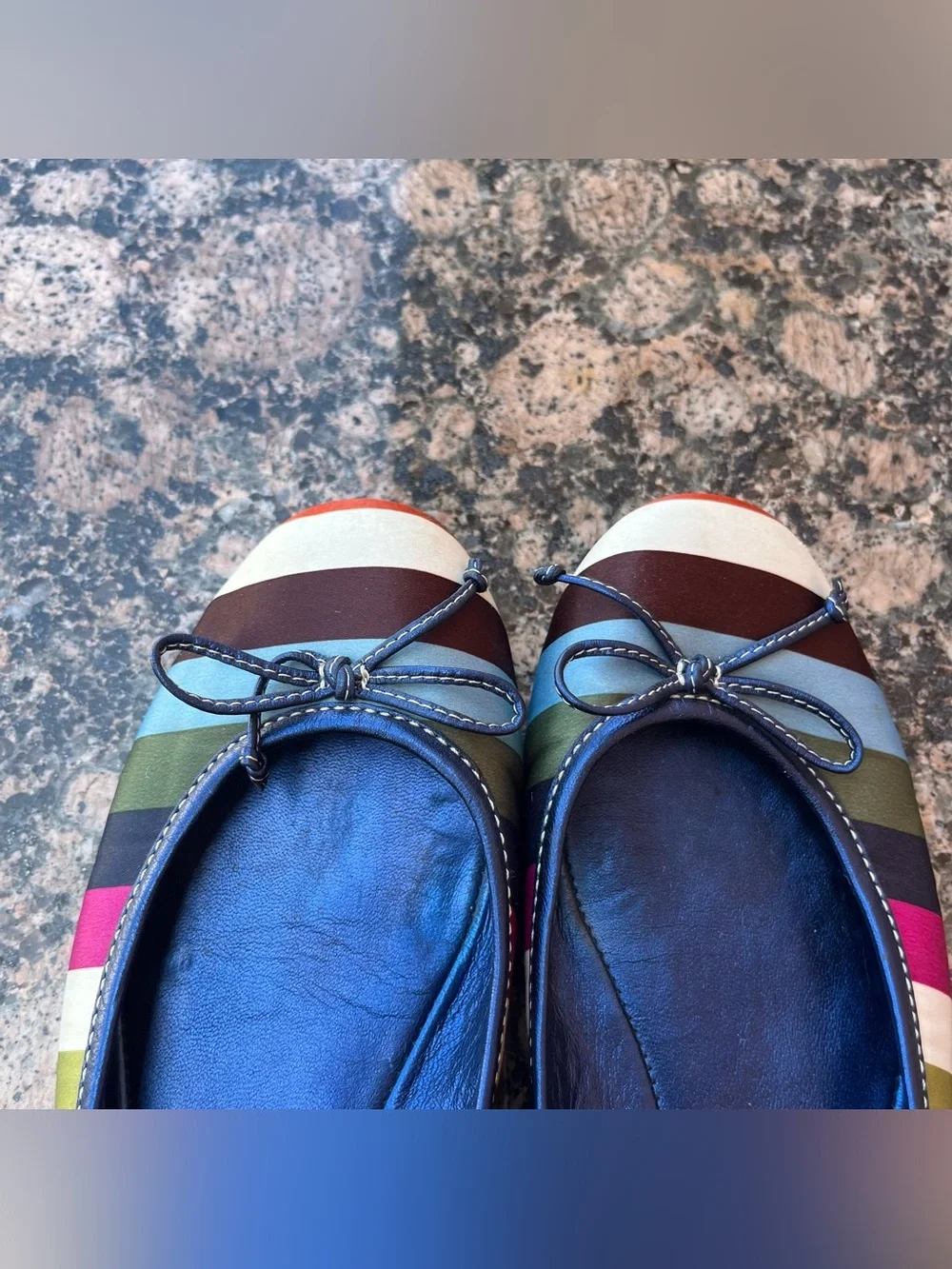Vintage Y2K Coach Legacy Striped Satin Ballet Flats with a Small Bow Detail.